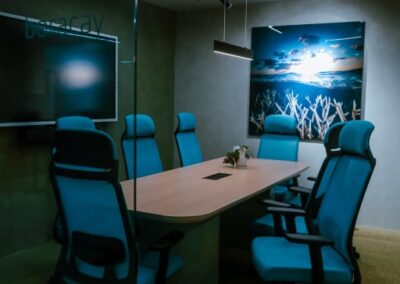 Modern meeting room with a table, office chairs, wall art, and a screen.