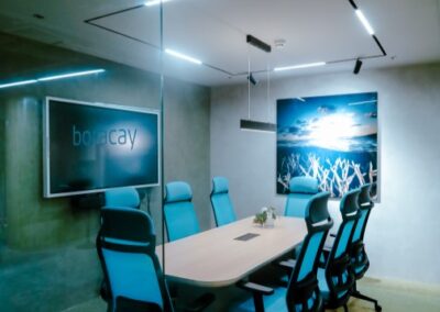 Modern meeting room with a table, office chairs, wall art, and a screen.