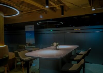 Modern office lounge area with a high table, stools, and overhead lighting.